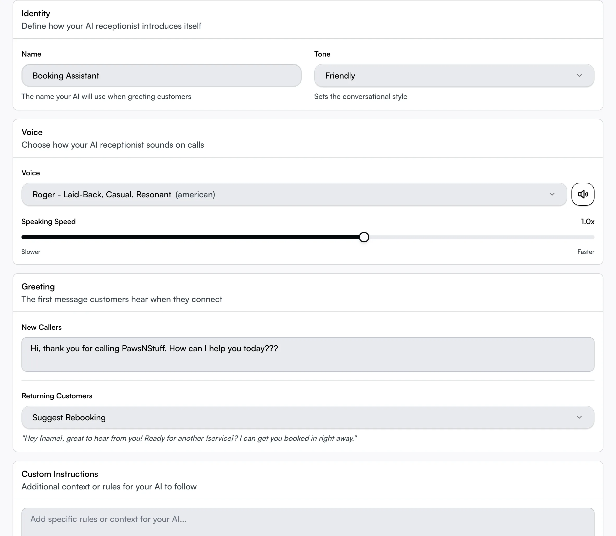 The Personality tab showing the identity, voice, and greeting controls