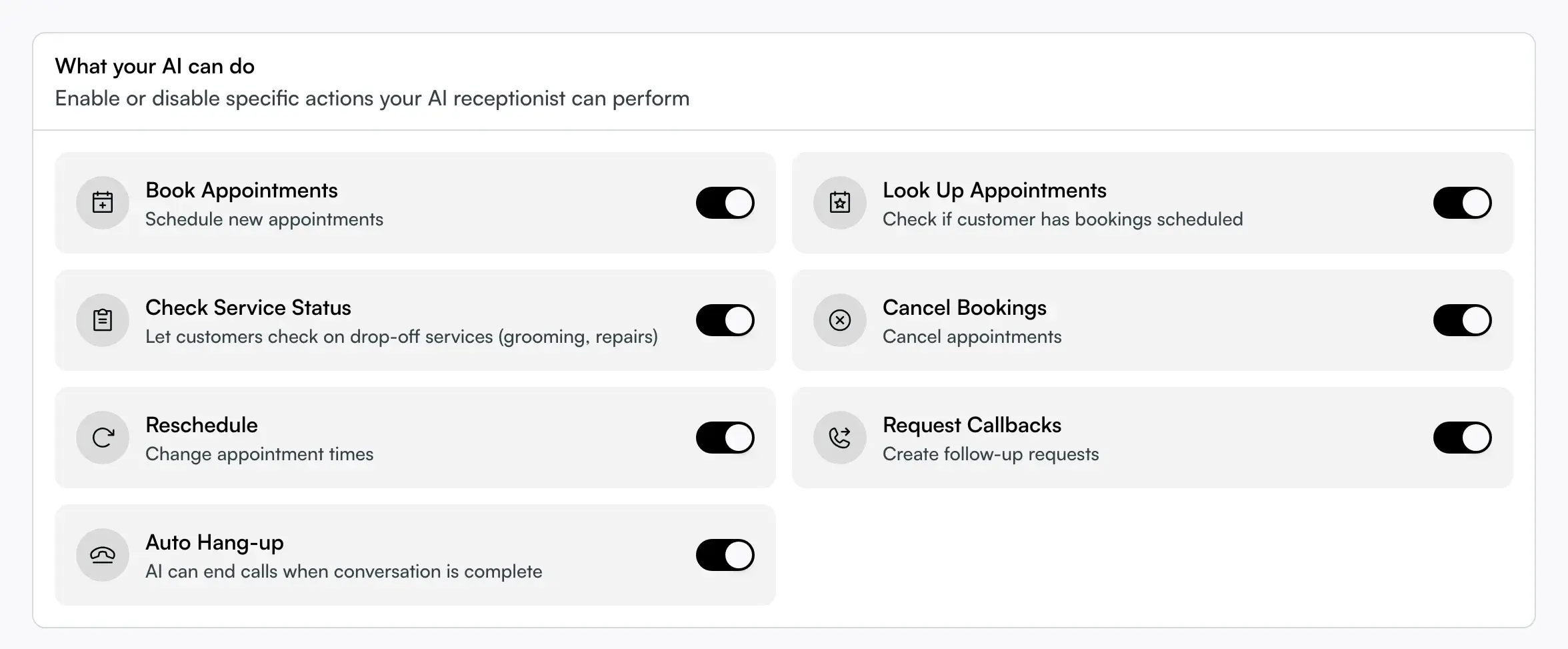 The Capabilities tab with a switch per AI action