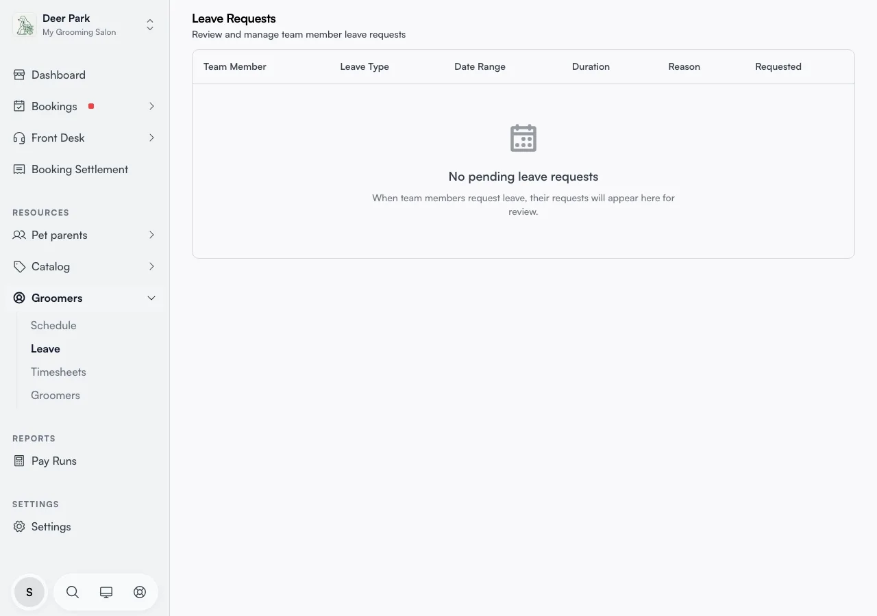 The Leave Requests page showing the empty state before any requests arrive