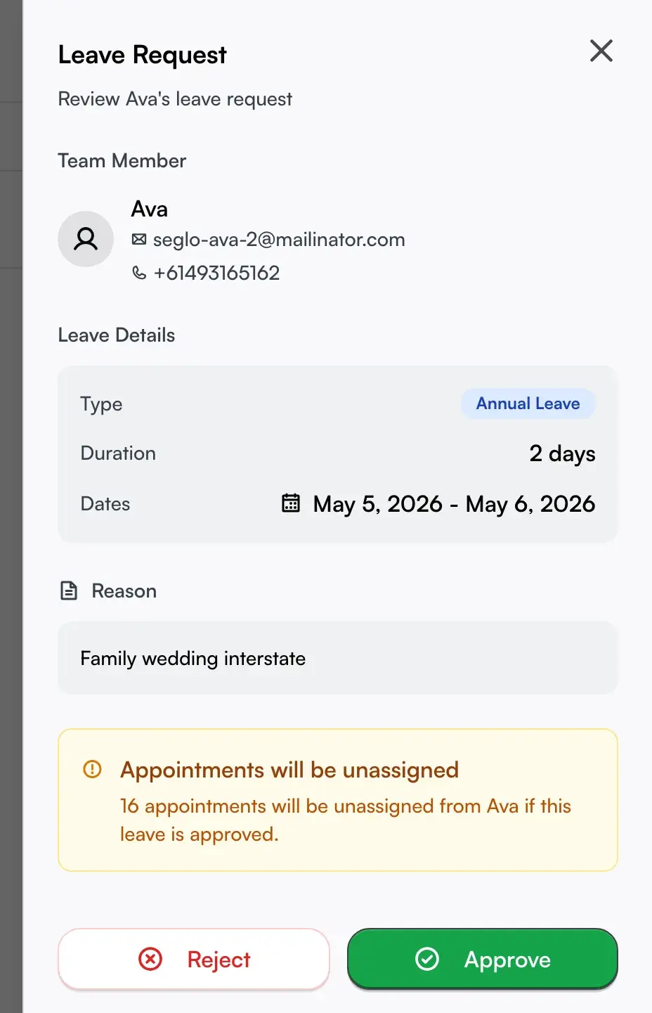 The Leave Request detail panel with the unassign warning and the Reject and Approve buttons