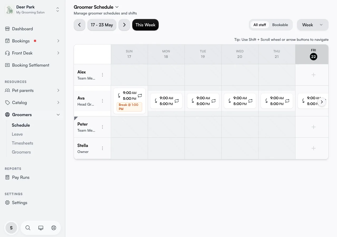 The weekly schedule grid with team members down the side, shift cards, and the All staff / Bookable and view controls