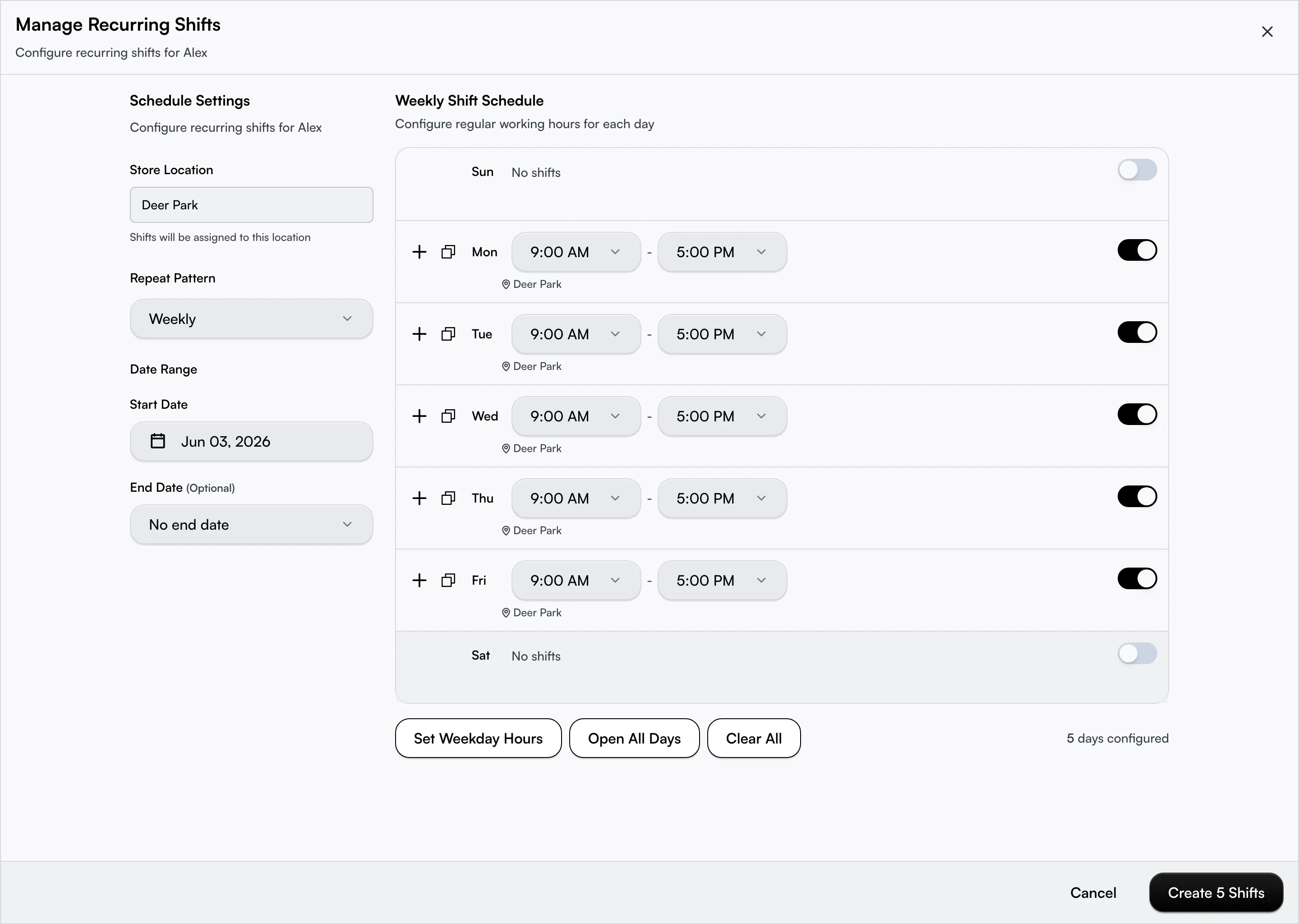 The regular shift editor with per-day times, the weekly repeat option, the break toggle, and the end-date choice
