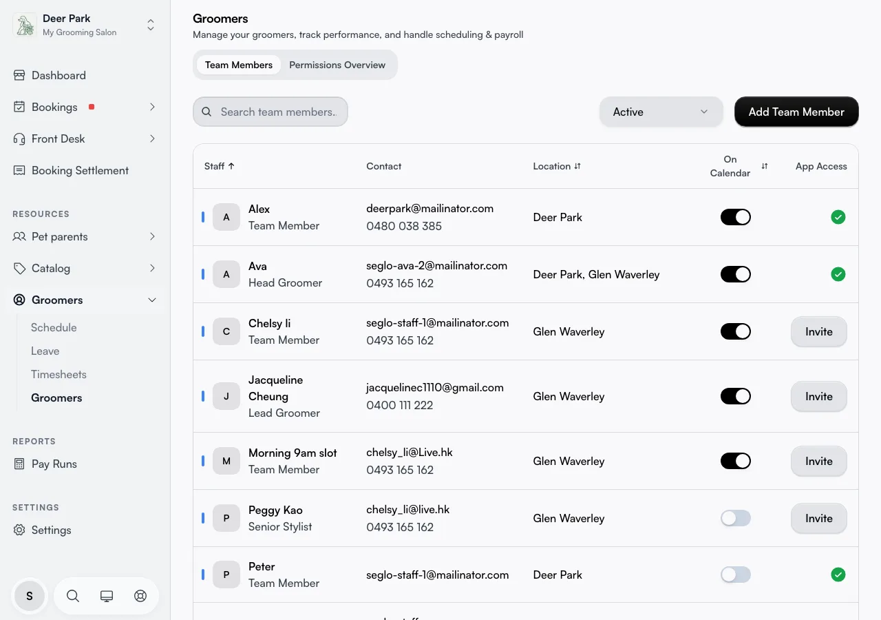 The team members list with the status filter, search, and Add Team Member button