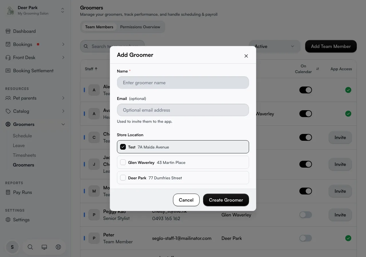 The Add Team Member dialog with name, optional email, and store location fields