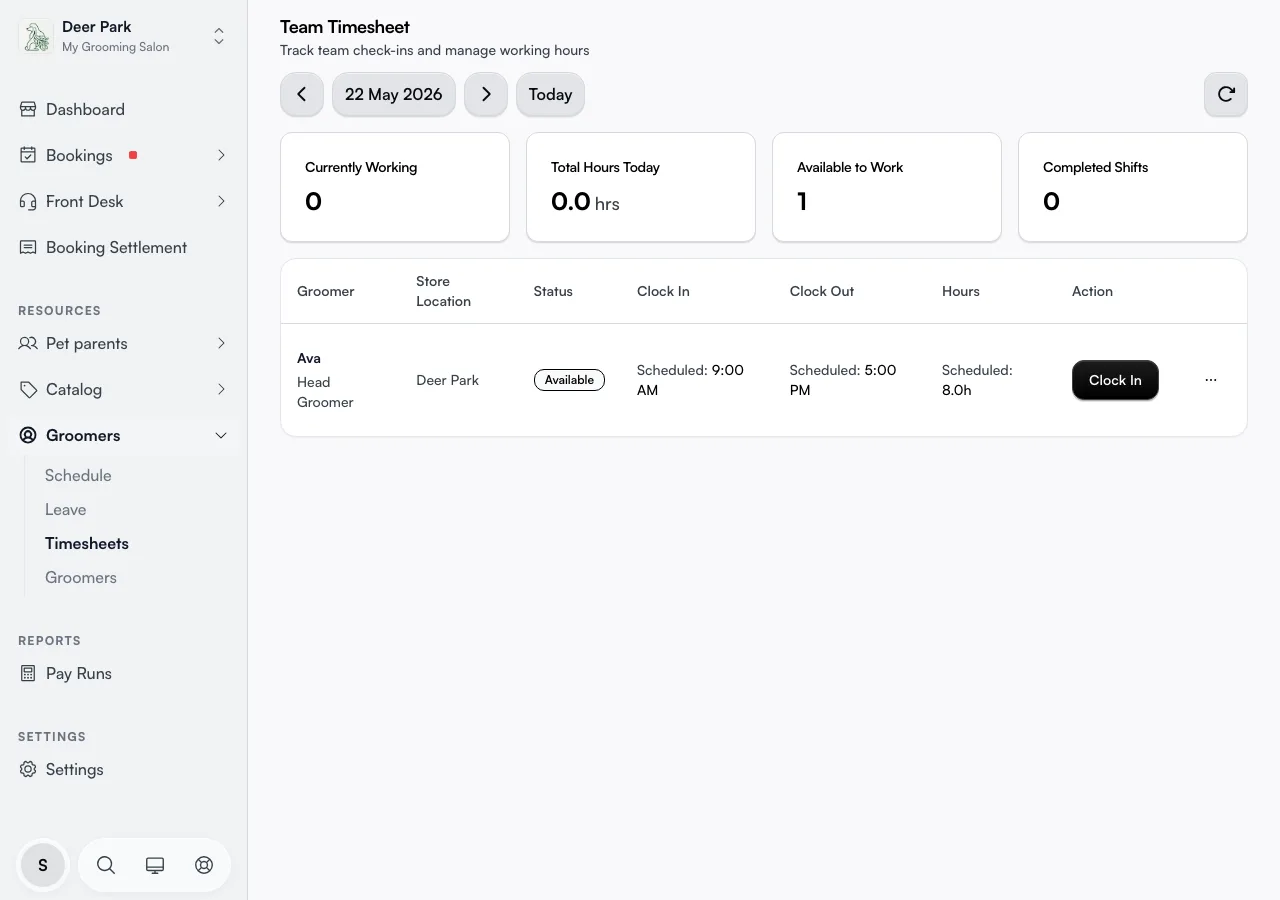 Timesheet summary tiles and a row per team member with status and hours
