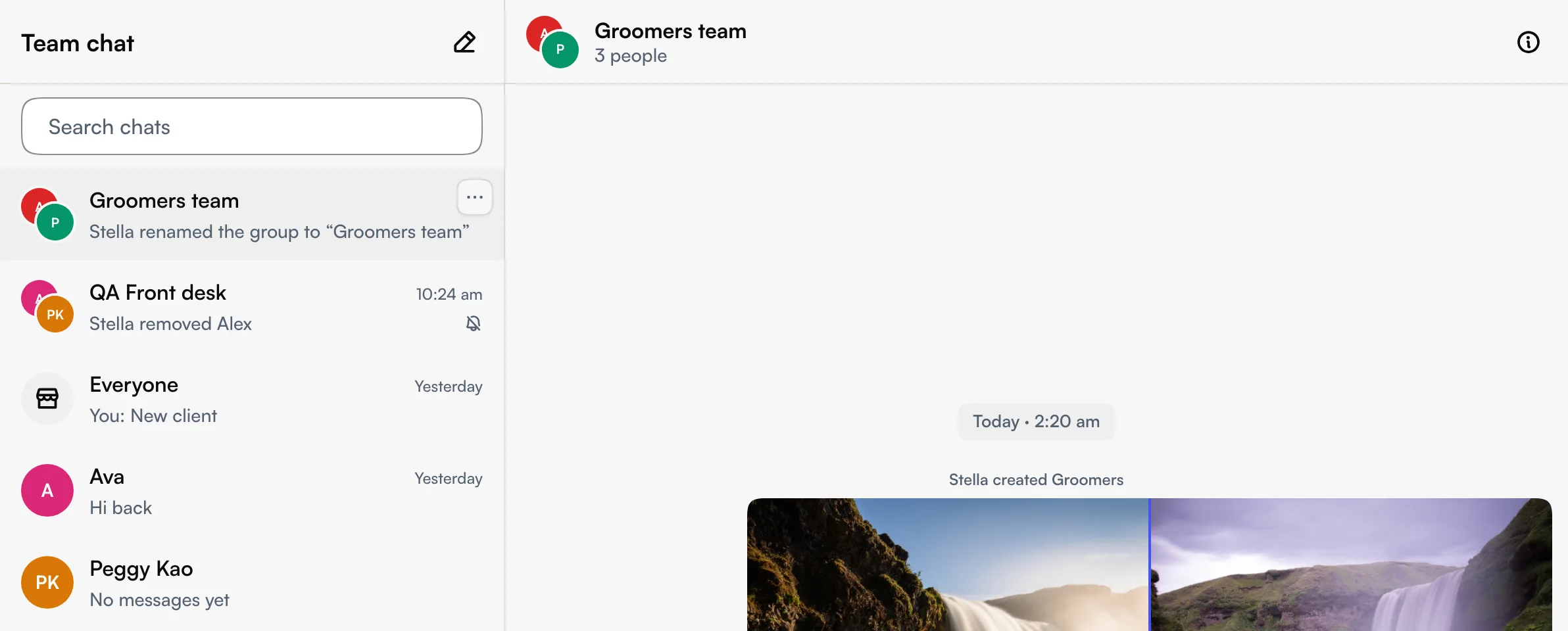 Team chat in the web app: the chat list on the left and a group chat open on the right