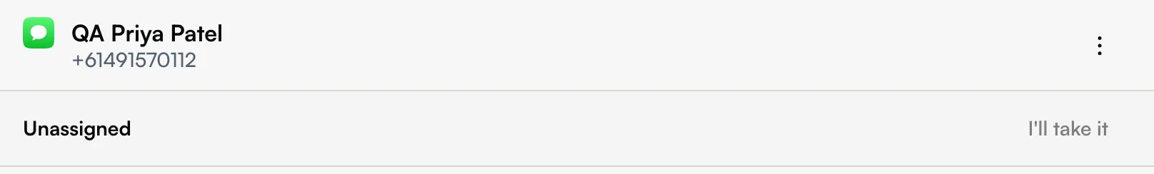 A web app conversation with the strip under its header reading Unassigned and I'll take it